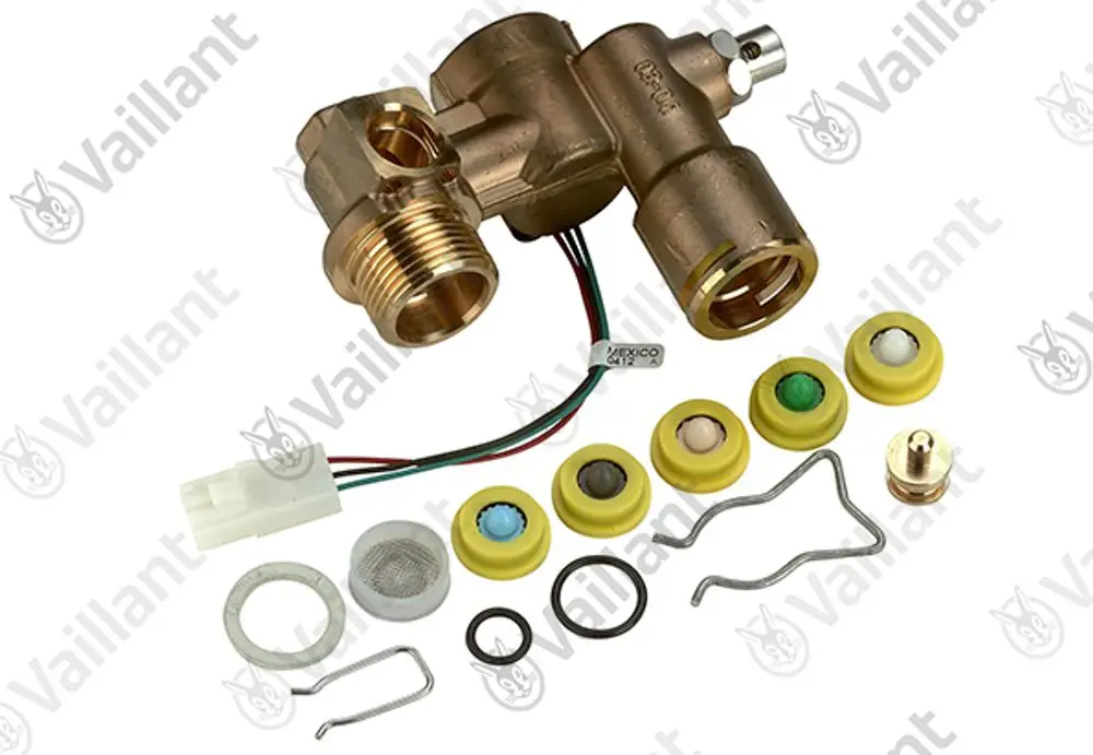 Vaillant Flügelradsensor mit Anschlussstück, Kabel, Dichtungen und verschiedenen Zubehörteilen auf hellem Hintergrund.